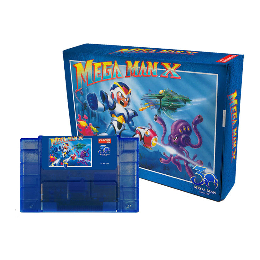Mega Man X blue cartridge with packaging