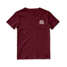 burgundy coloured t-shirts with an embroidered black screen records logo