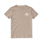 light beige t-shirt with embroidered black screen records logo