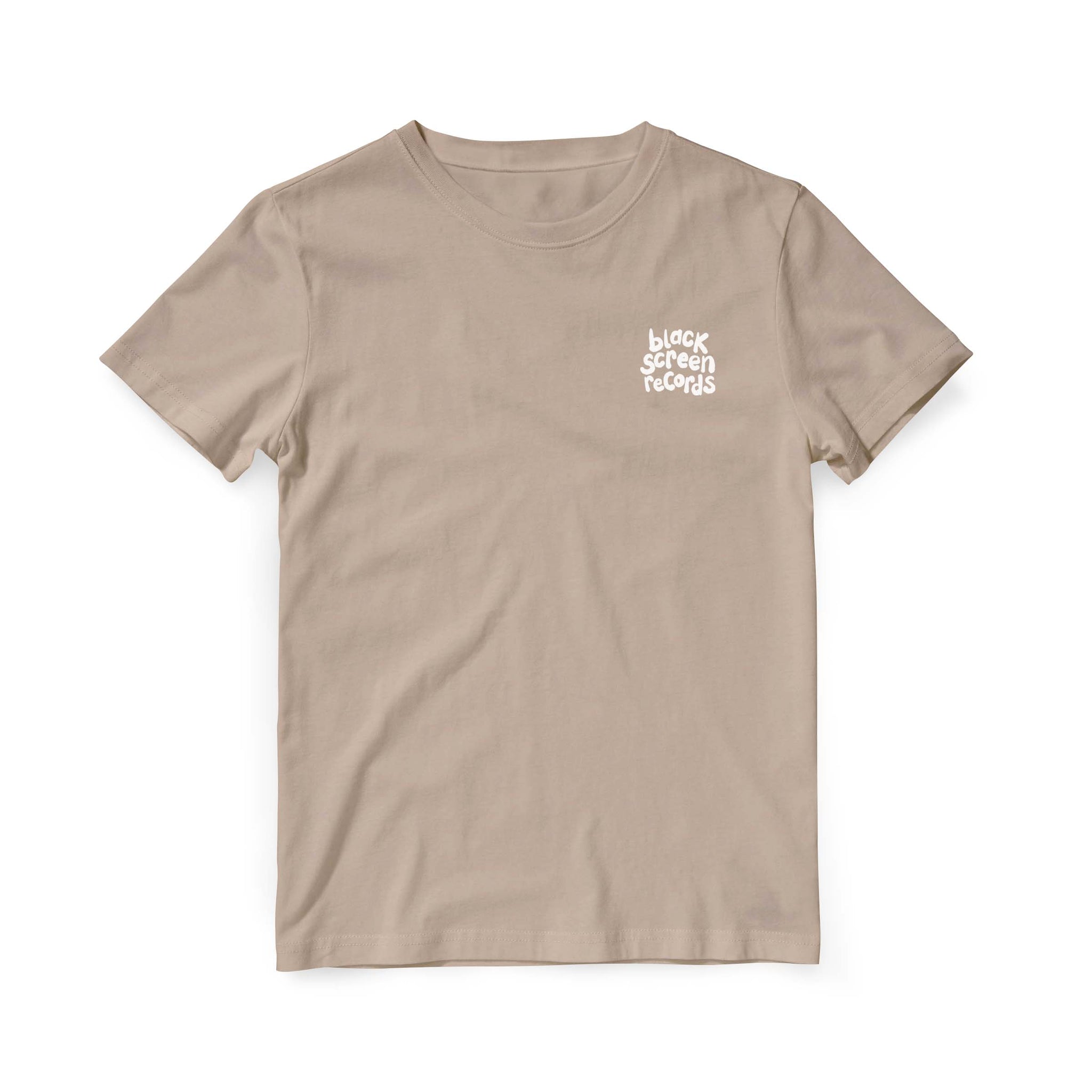 light beige t-shirt with embroidered black screen records logo